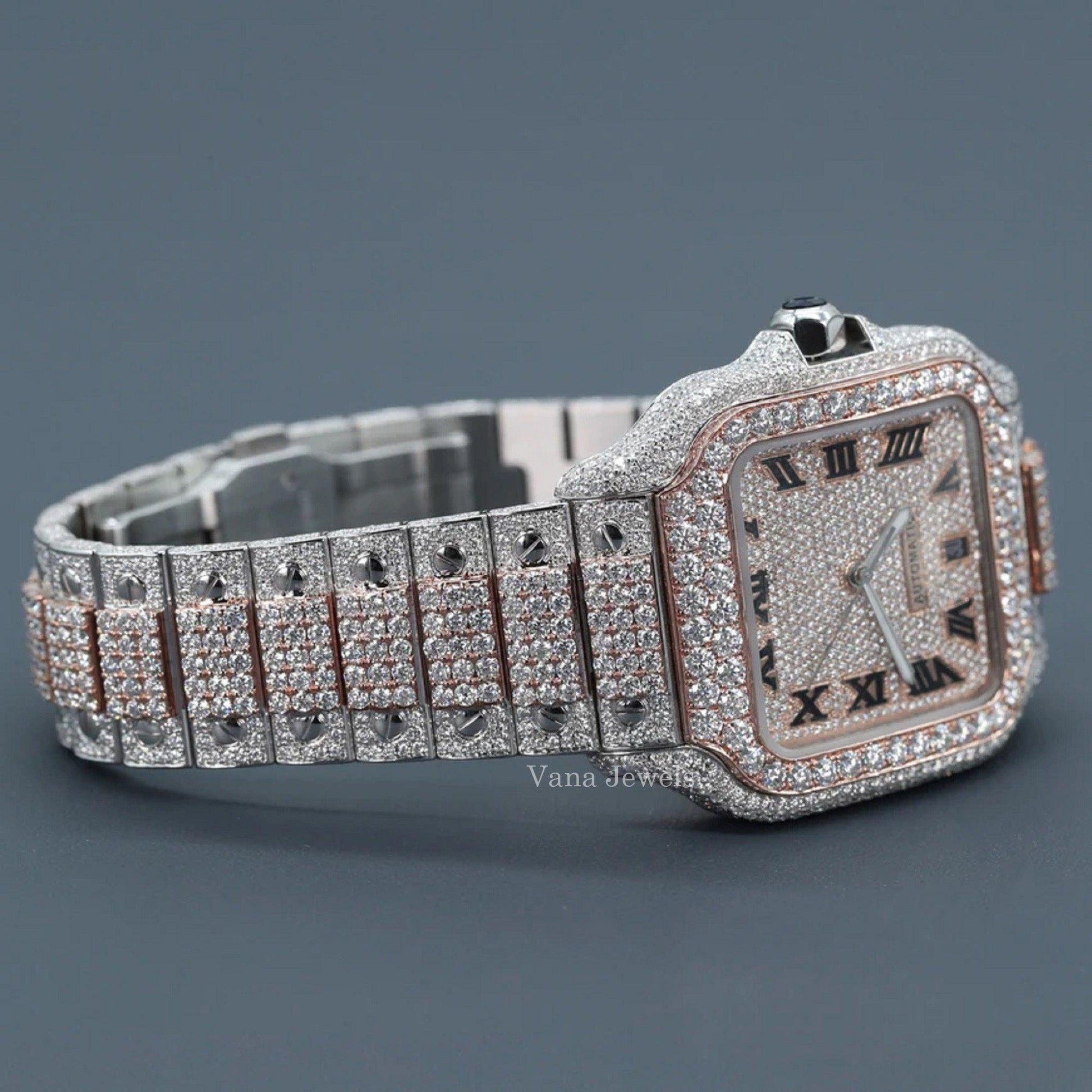 Two-Tone Roman Dial Fully Iced Out Diamond Automatic Watch - Vana Jewels