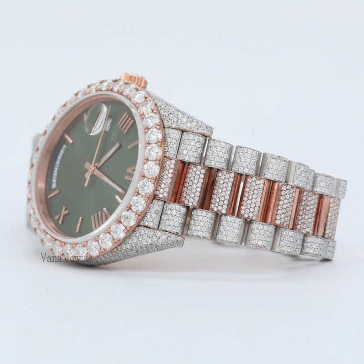 Luxury Two-Tone Iced Out Moissanite Diamond Automatic Watch - Vana Jewels