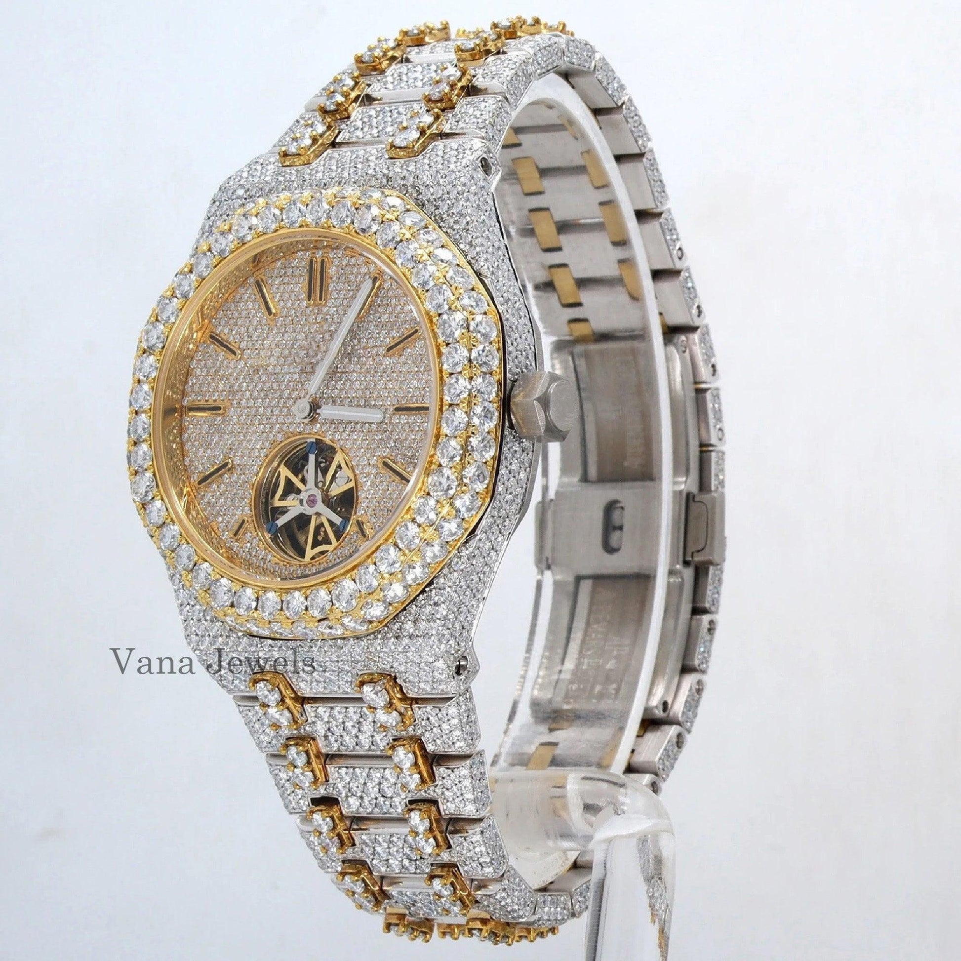 Iced Out Two-Tone Yellow Gold Automatic Diamond Watch - Vana Jewels