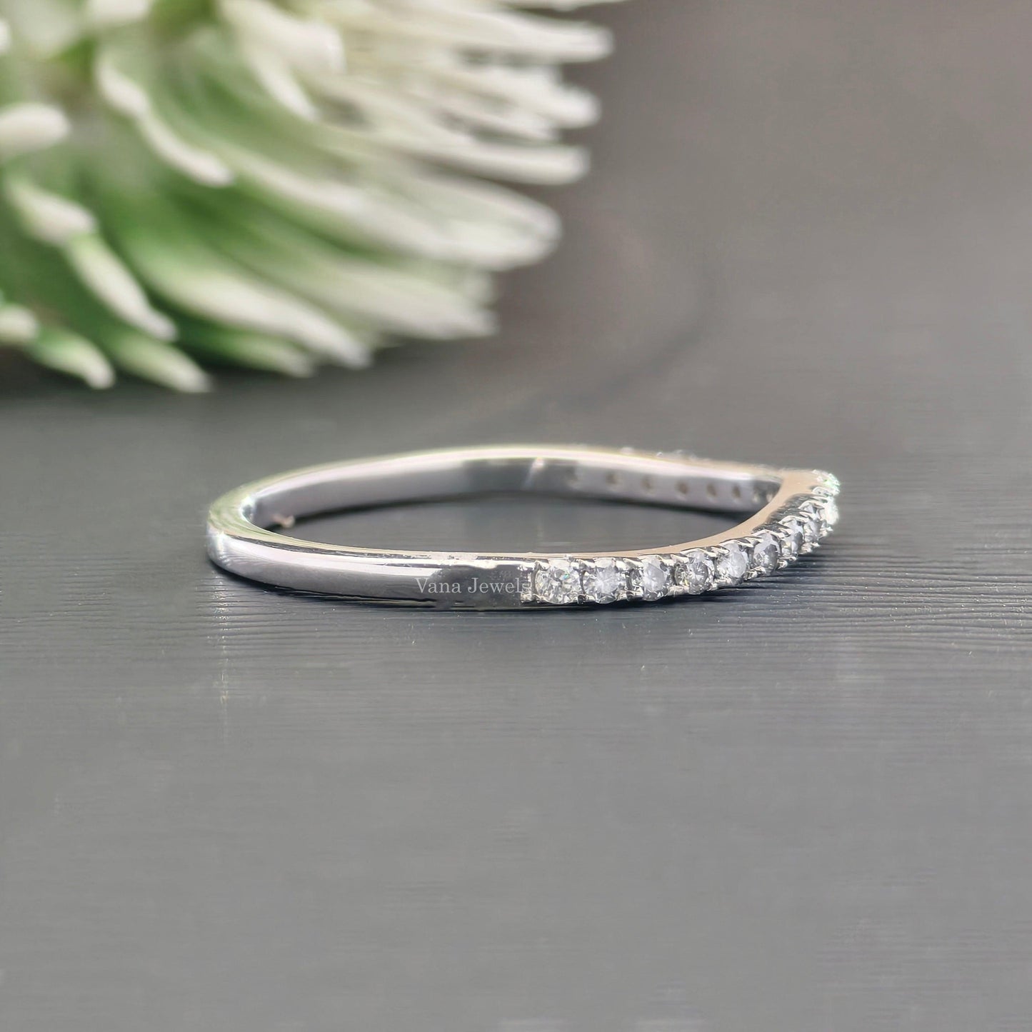 Round Cut Colorless Moissanite Wedding Band, Curved Half Eternity Band - Vana Jewels