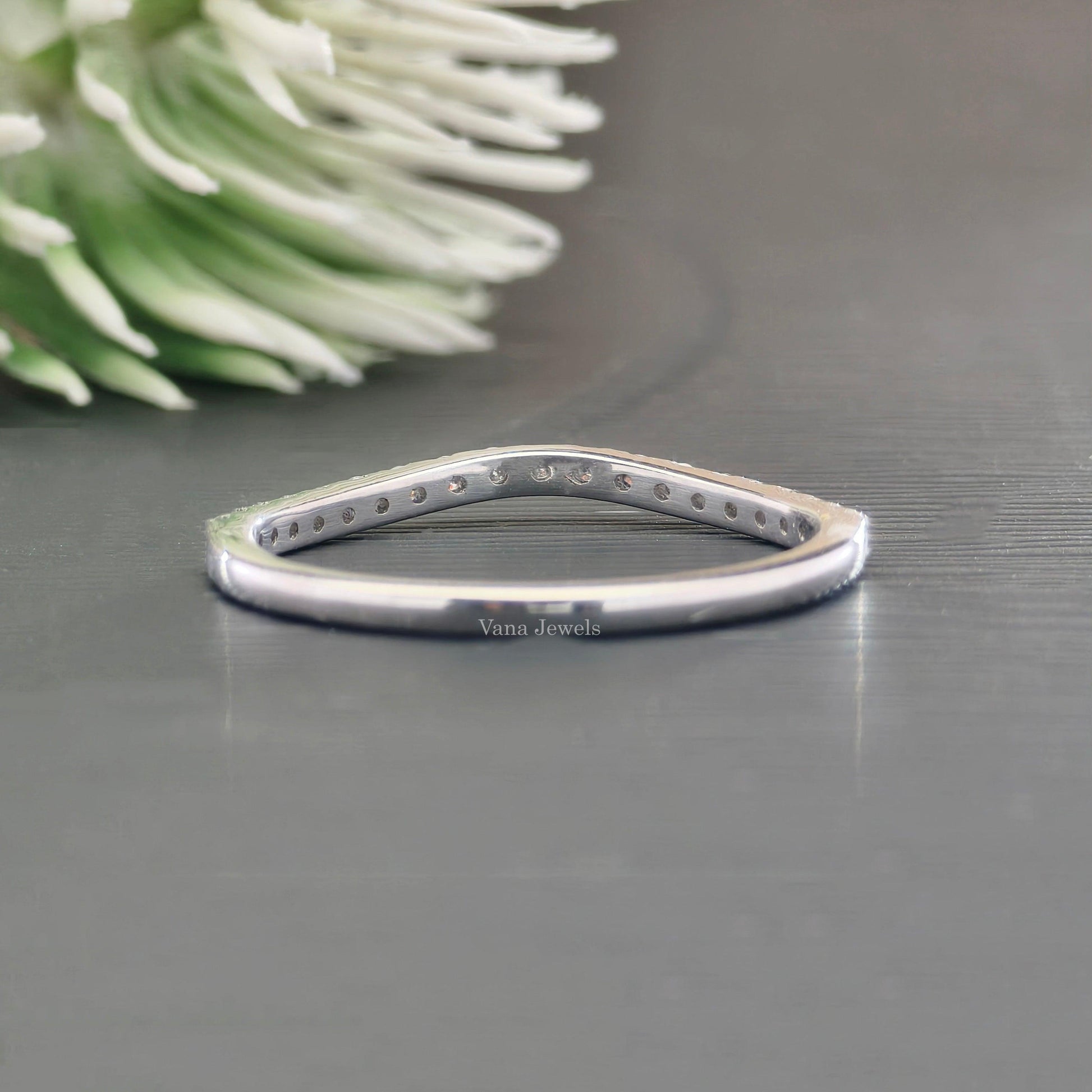 Round Cut Colorless Moissanite Wedding Band, Curved Half Eternity Band - Vana Jewels