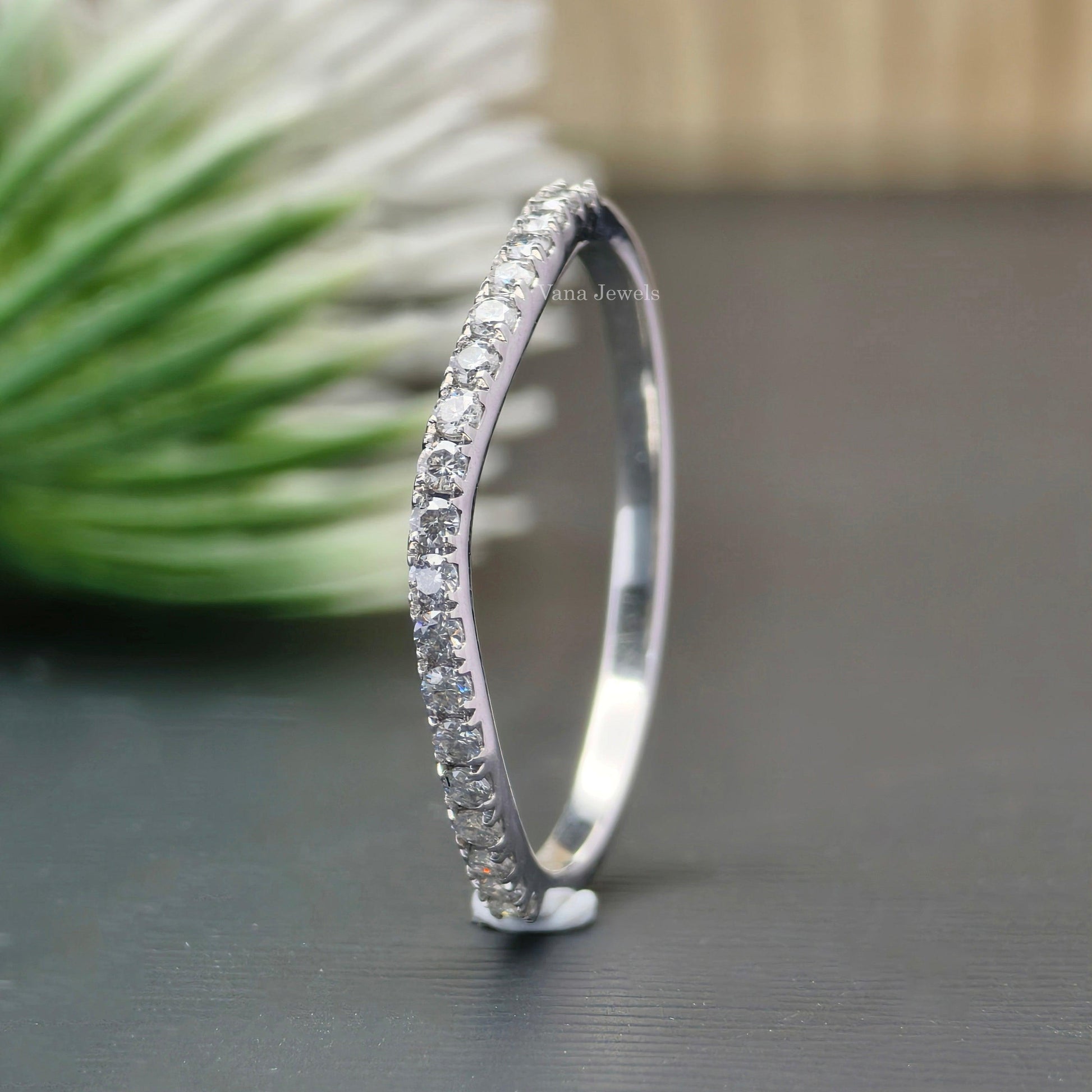 Round Cut Colorless Moissanite Wedding Band, Curved Half Eternity Band - Vana Jewels