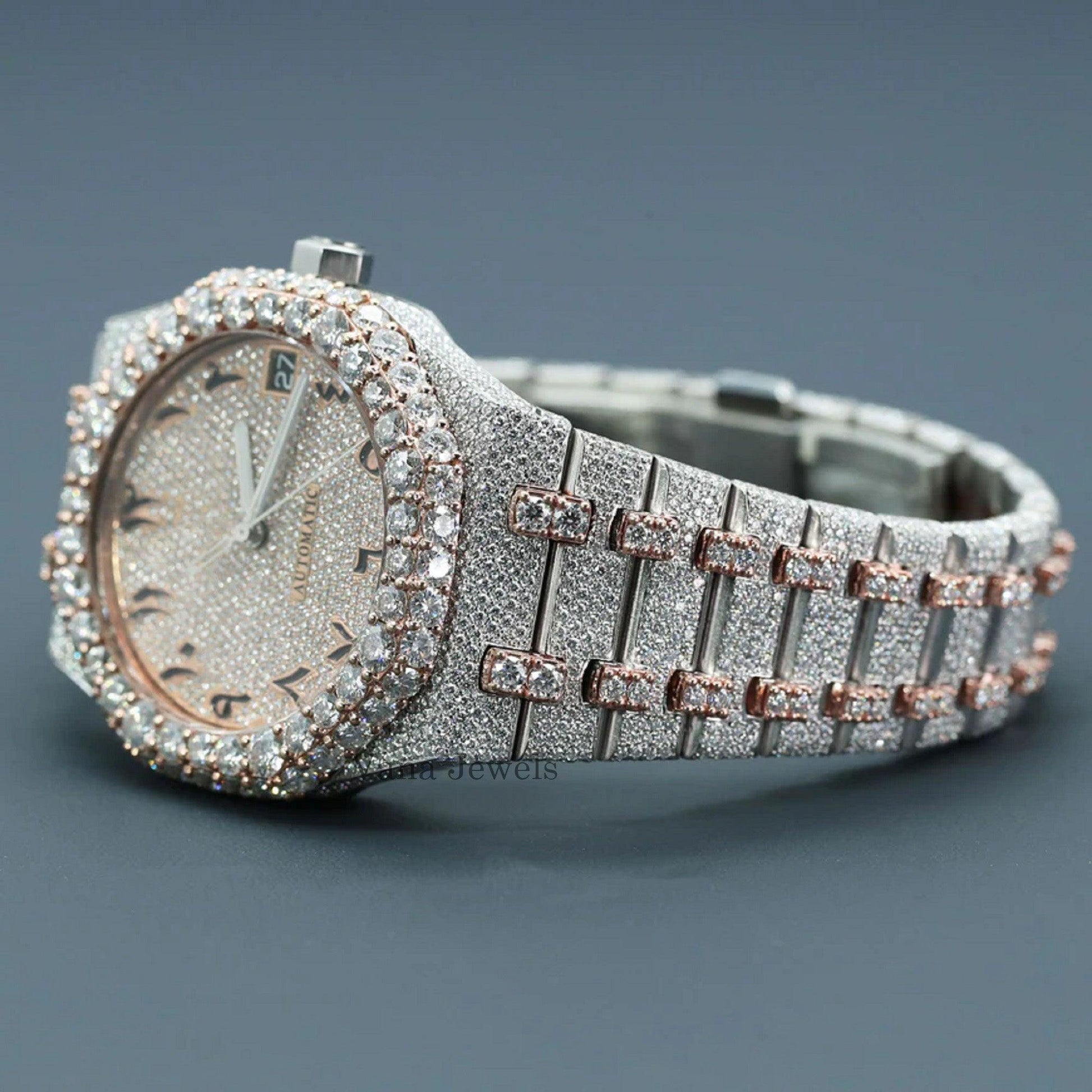 Two-Tone Arabic Dial Fully Iced Out Diamond Automatic Watch - Vana Jewels