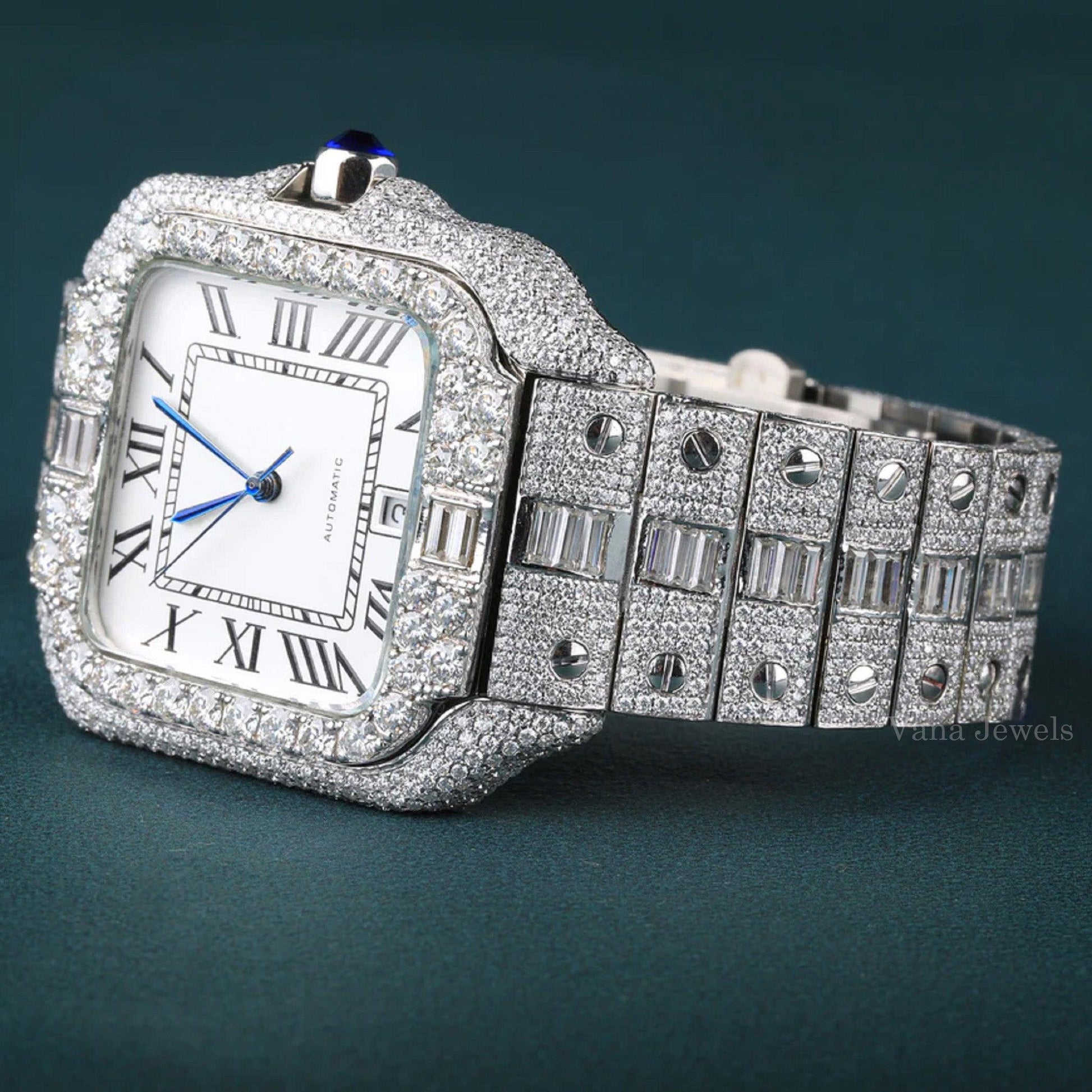 Luxury Iced Out Moissanite Diamond Watch, Round and Baguette Cut Moissanite Watch for Men - Vana Jewels