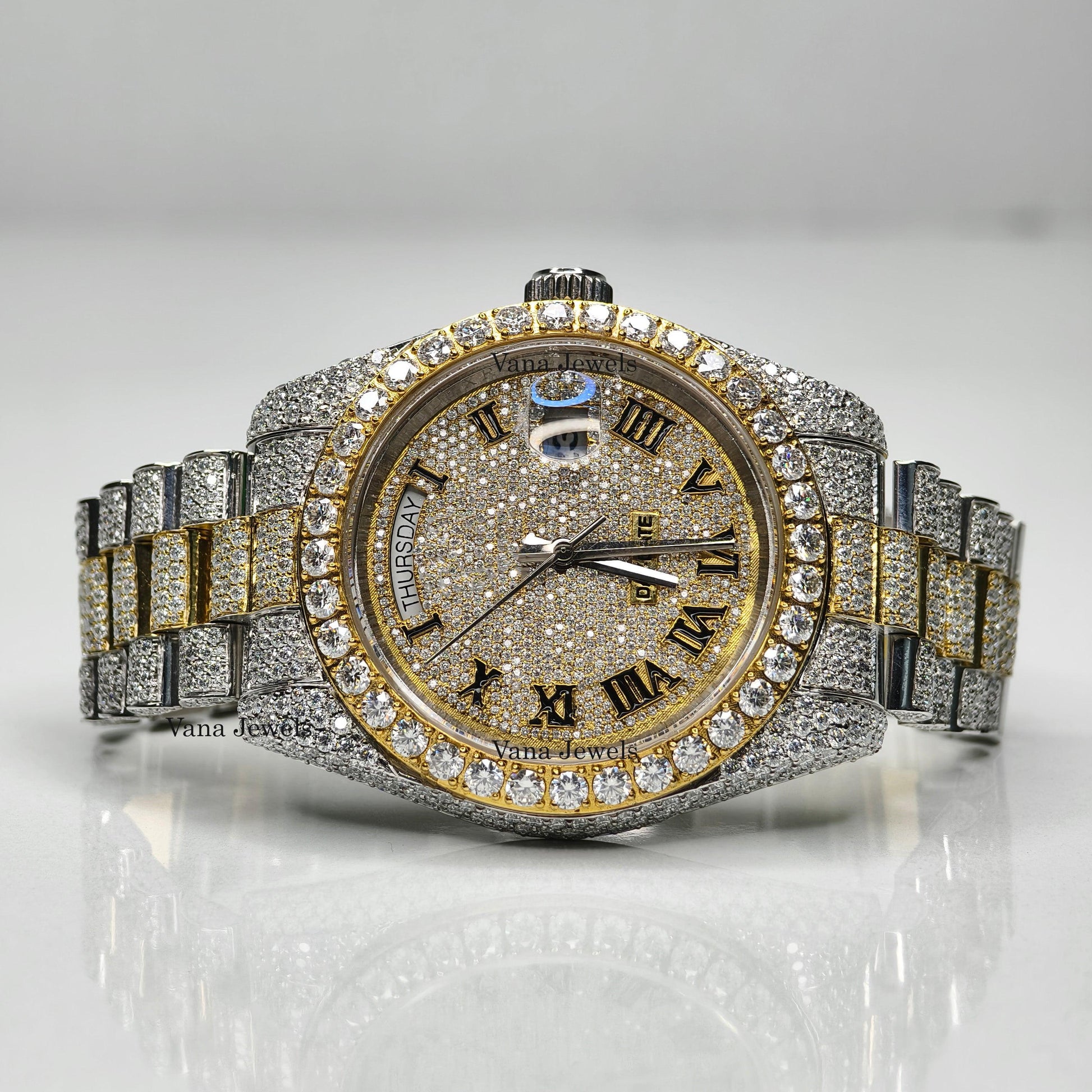 Two-Tone Moissanite Watch, Round Cut Fully Iced Out Moissanite Watch for Men - Vana Jewels