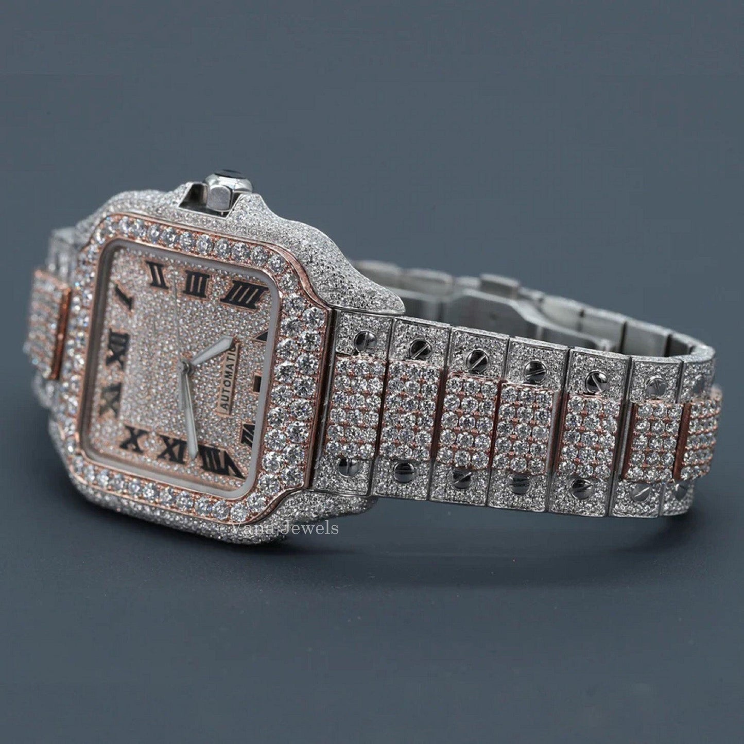 Two-Tone Roman Dial Fully Iced Out Diamond Automatic Watch - Vana Jewels