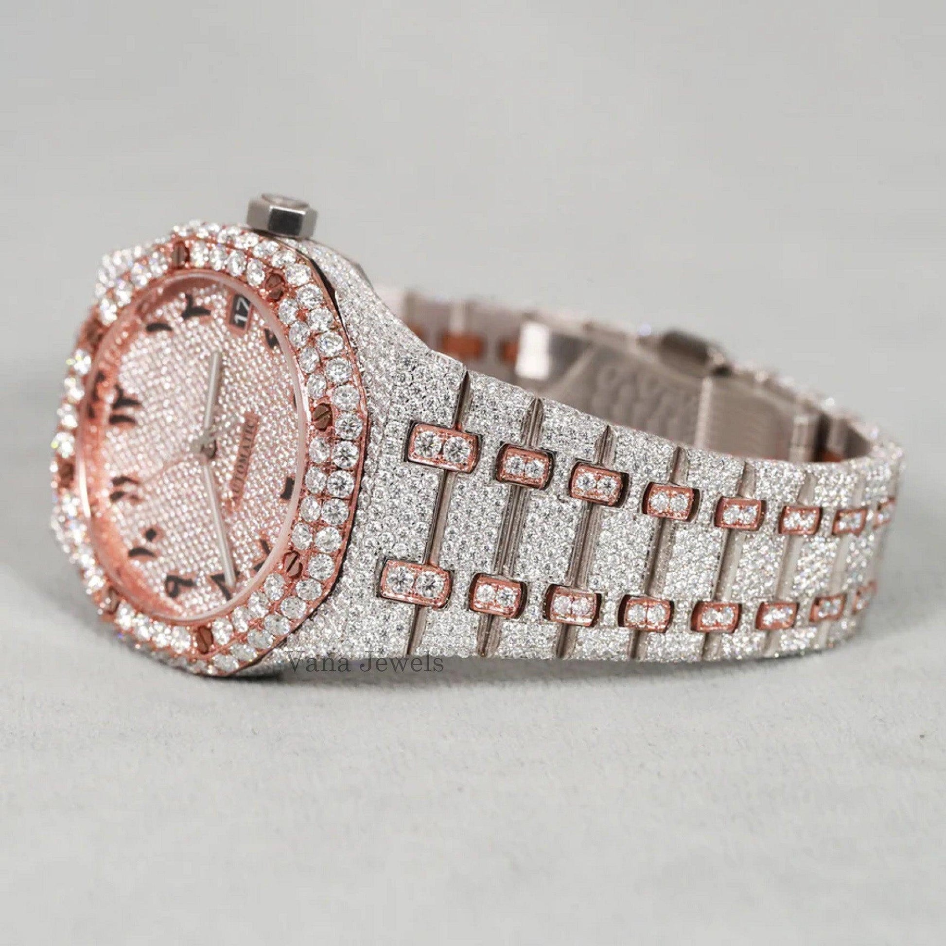 Iced Out Two-Tone Arabic Dial with VVS Moissanite Diamond Watch - Vana Jewels