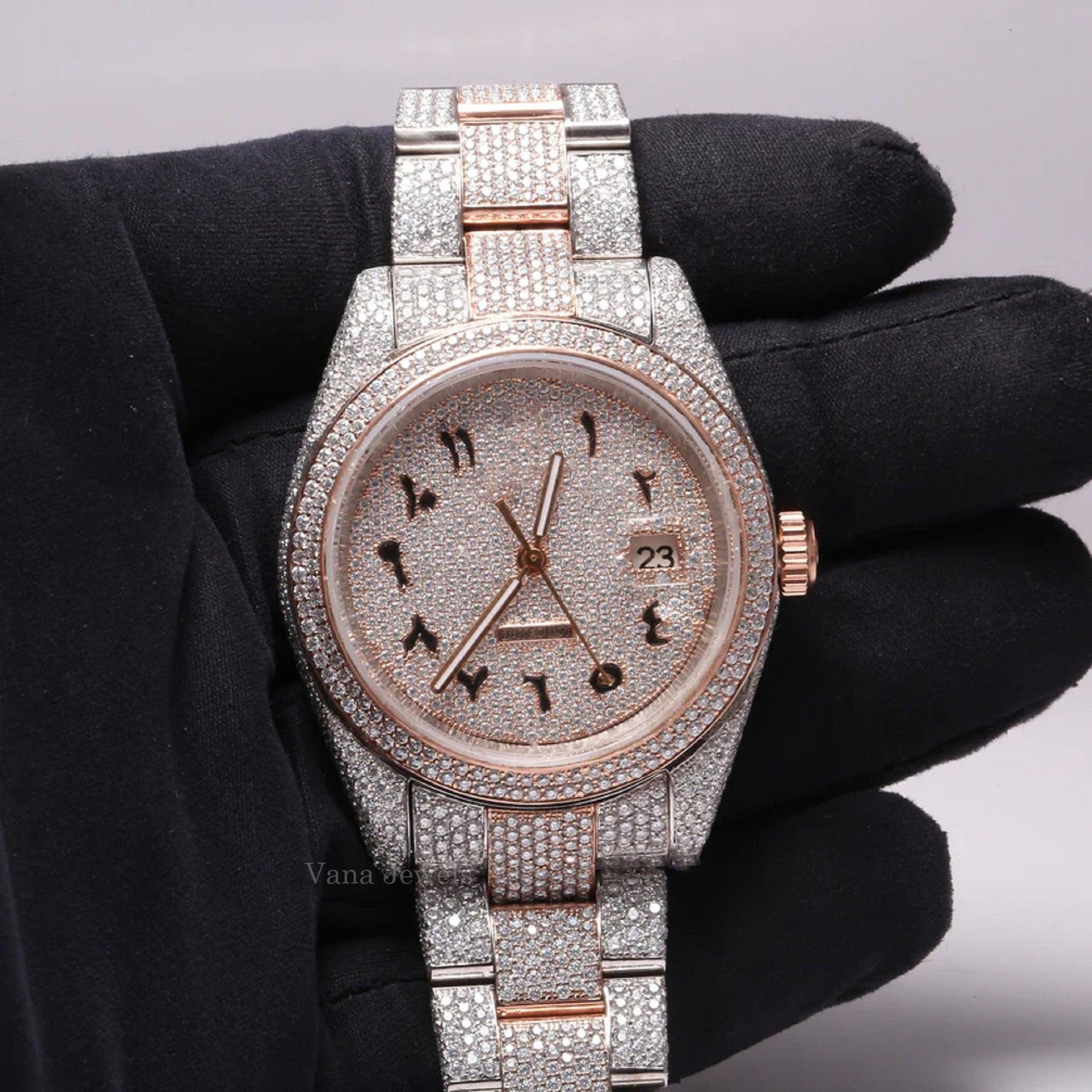 Arabic Iced Dial Two-Tone Rose Gold VVS Moissanite Diamond Watch - Vana Jewels