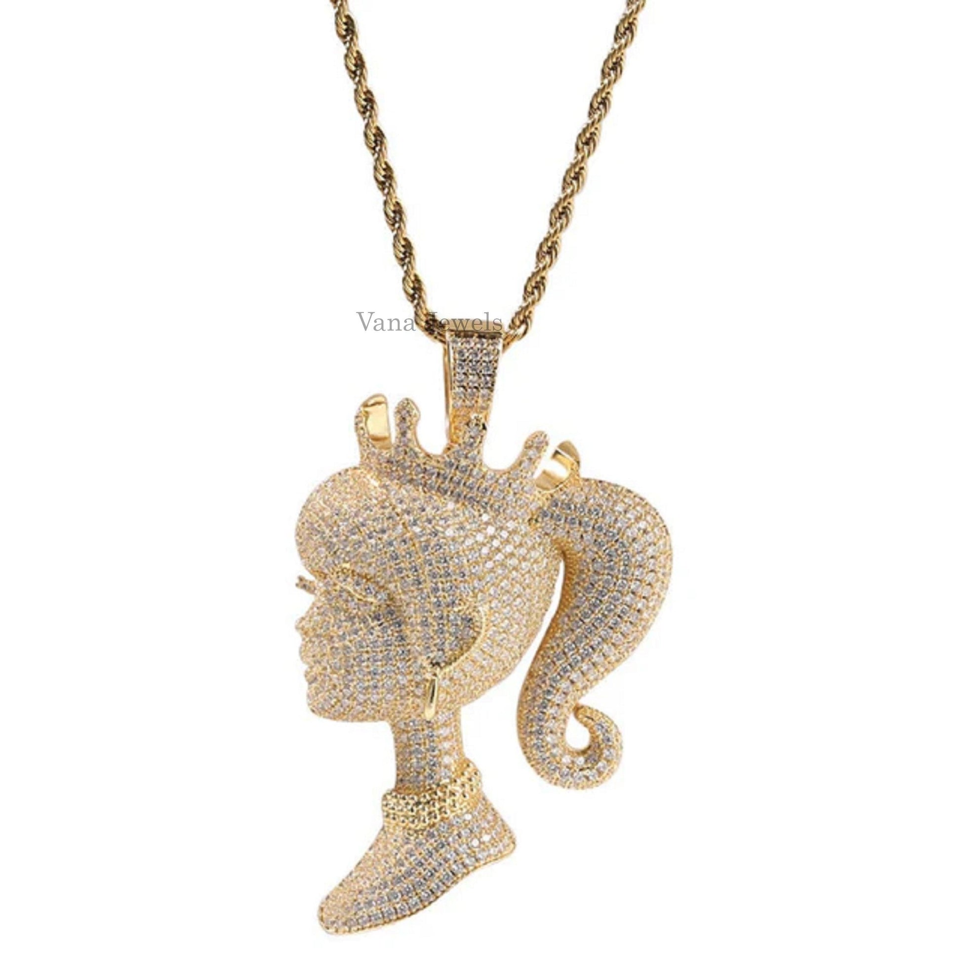 Hiphop Crown Girl Full Custom Diamond Pendant - Vana Jewels