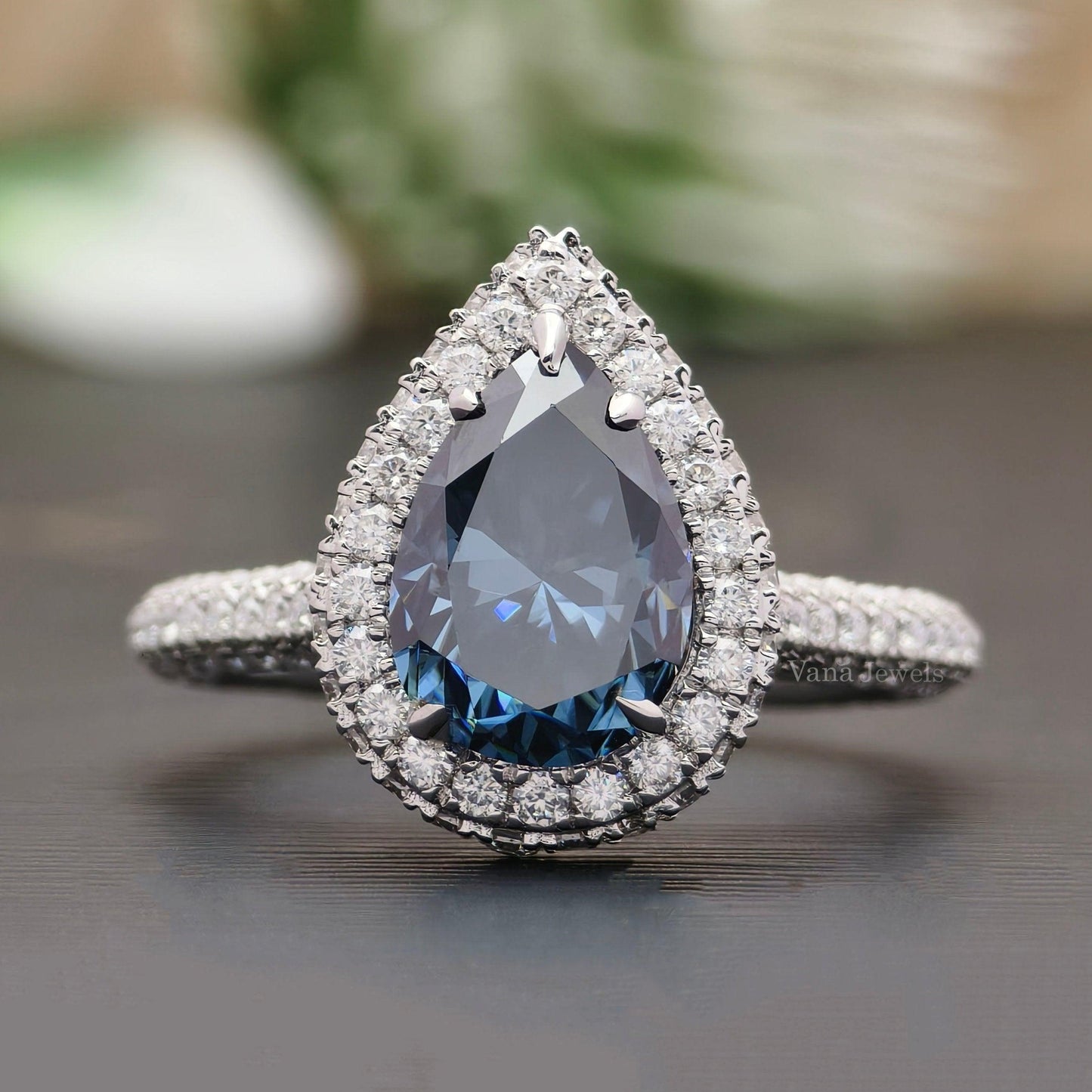 Amazing 3.58 TCW Royal Blue Pear Cut Moissanite Halo Engagement Ring - Vana Jewels