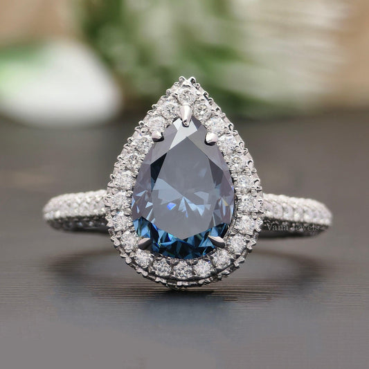 Amazing 3.58 TCW Royal Blue Pear Cut Moissanite Halo Engagement Ring - Vana Jewels