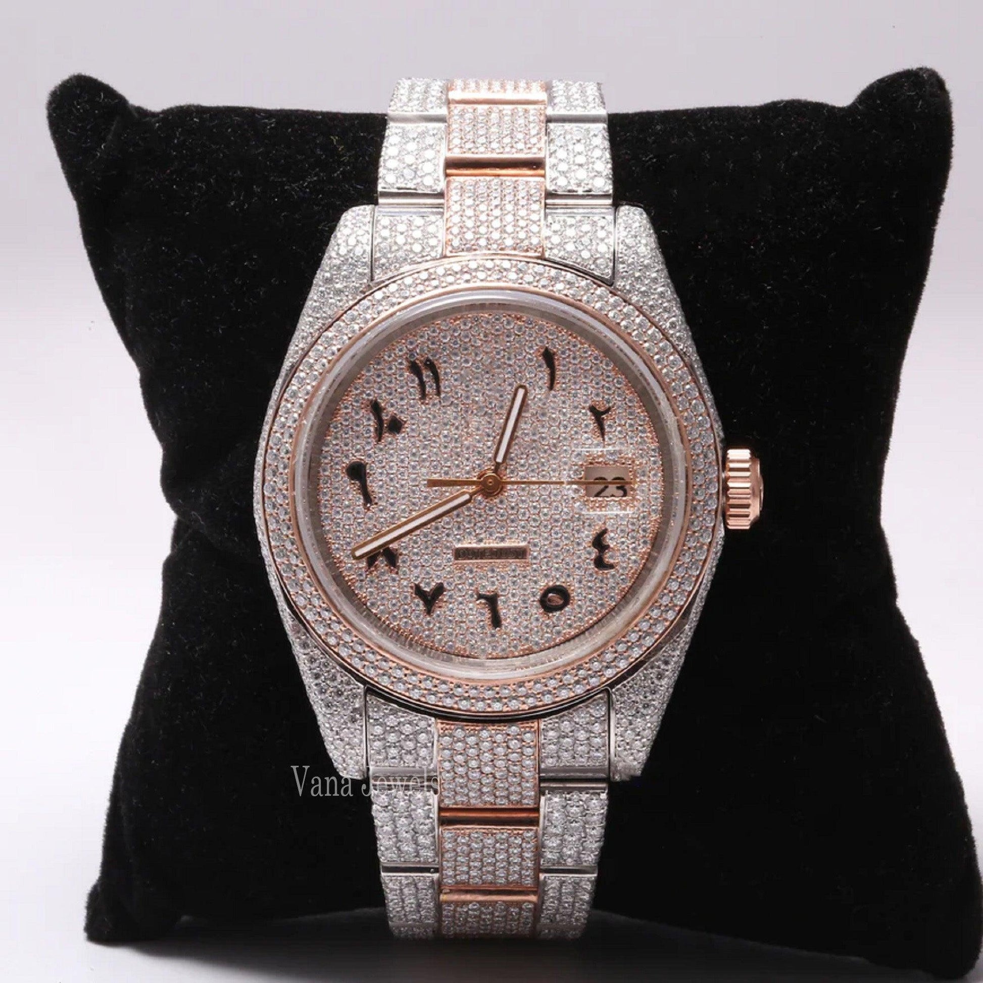 Arabic Iced Dial Two-Tone Rose Gold VVS Moissanite Diamond Watch - Vana Jewels