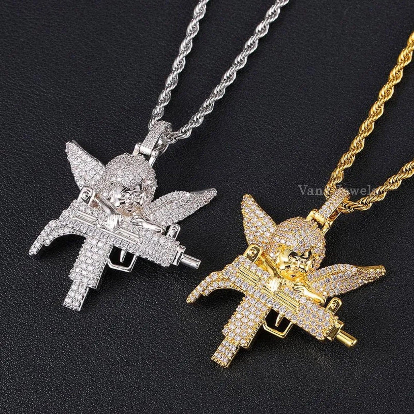 Shooting Angel iced out uzi machine guardian angel bling pendant - Vana Jewels