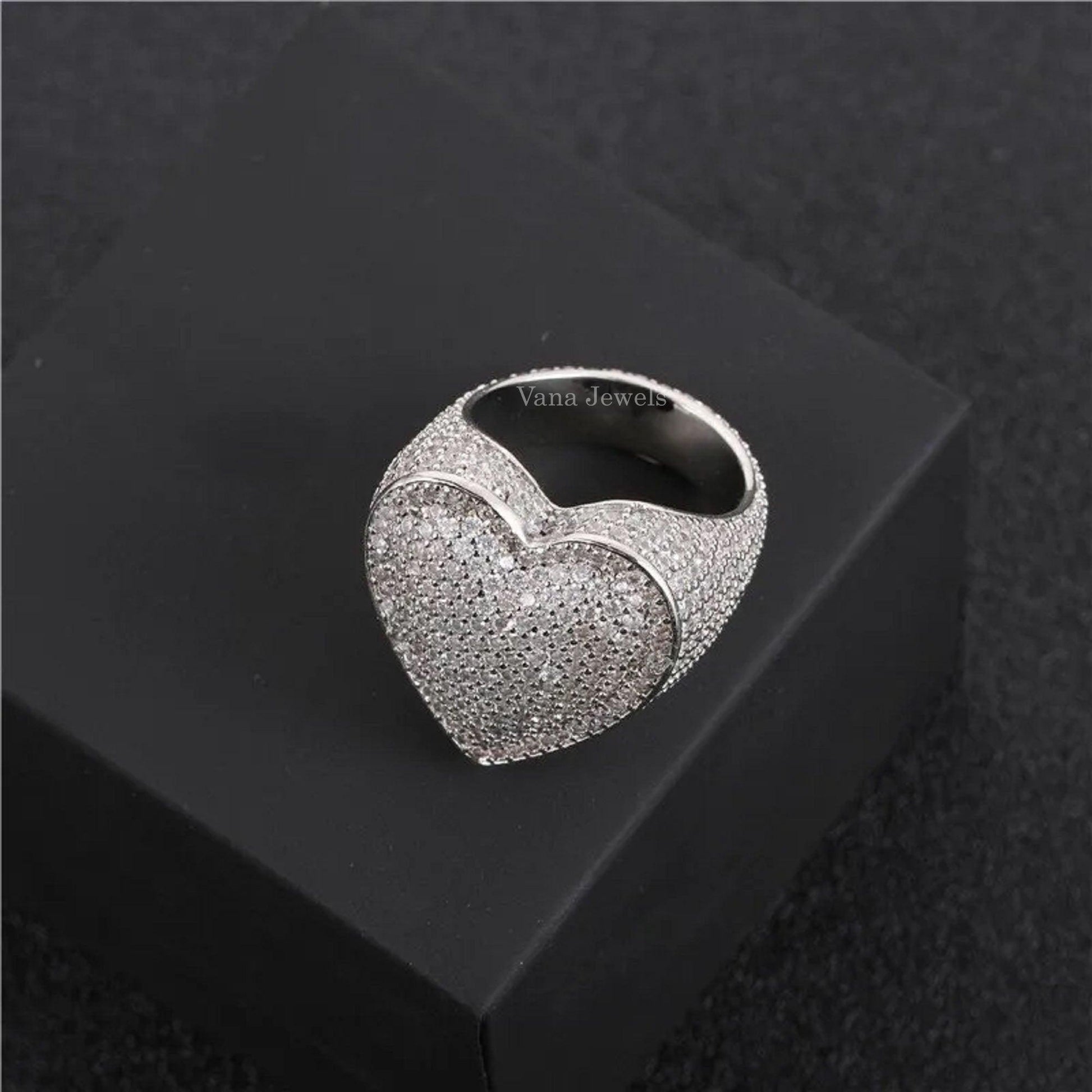 VVS Moissanite Round Cut Heart Shape Iced Out Ring - Vana Jewels