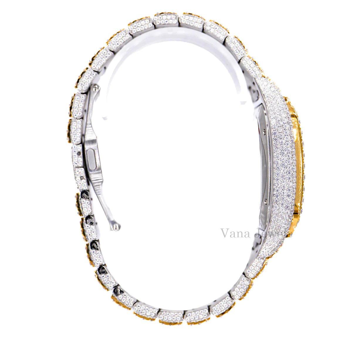 Round Cut Two-Tone Moissanite Fully Iced Out Diamond Watch - Vana Jewels