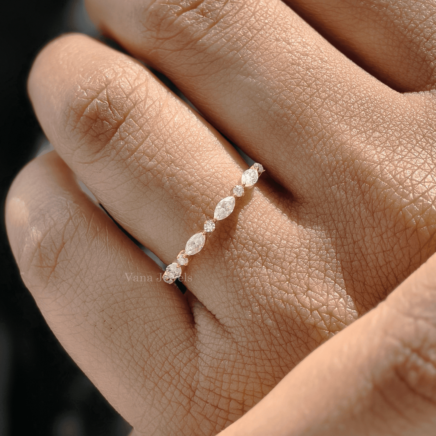 0.37 TCW Marquise & Round Cut Colorless Moissanite Wedding Band, Alternating Moissanite Band - Vana Jewels