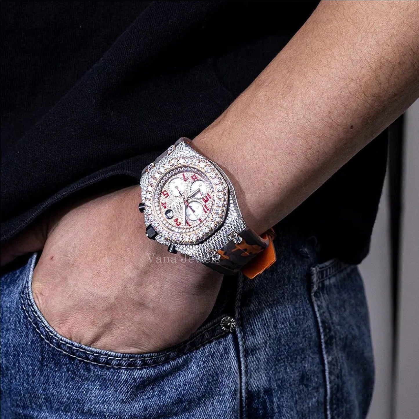 VVS Moissanite Diamond-Studded Rubber Belt Watch - Vana Jewels