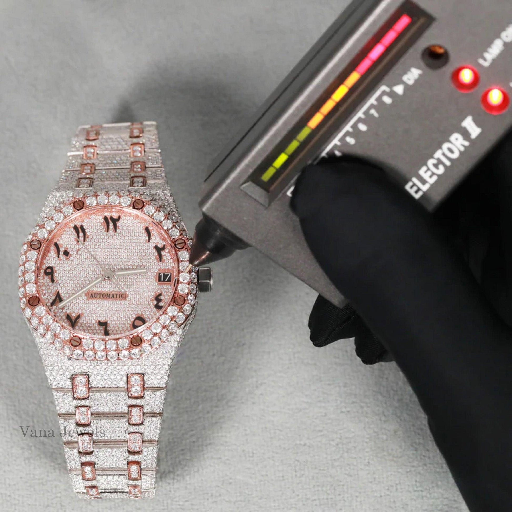 Iced Out Two-Tone Arabic Dial with VVS Moissanite Diamond Watch - Vana Jewels