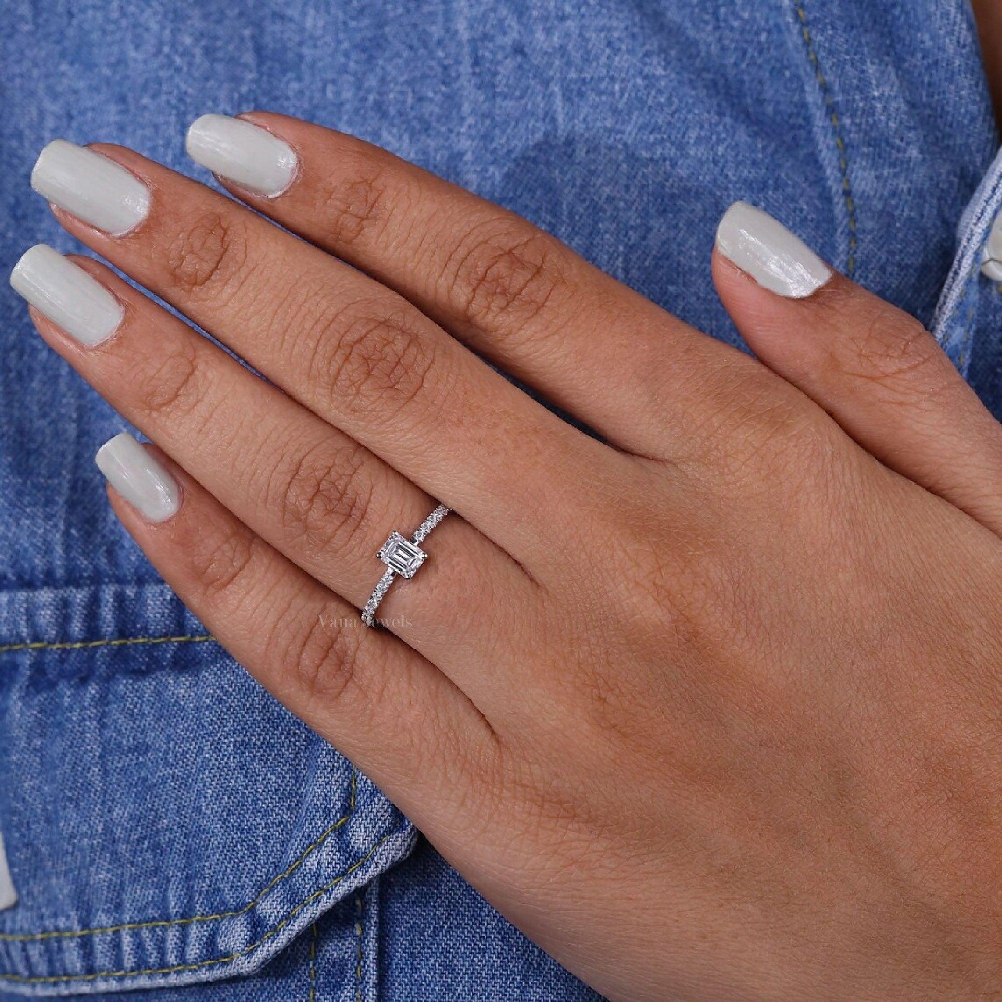 Emerald Cut Lab Grown Diamond Ring, Pave Set Engagement Ring - Vana Jewels