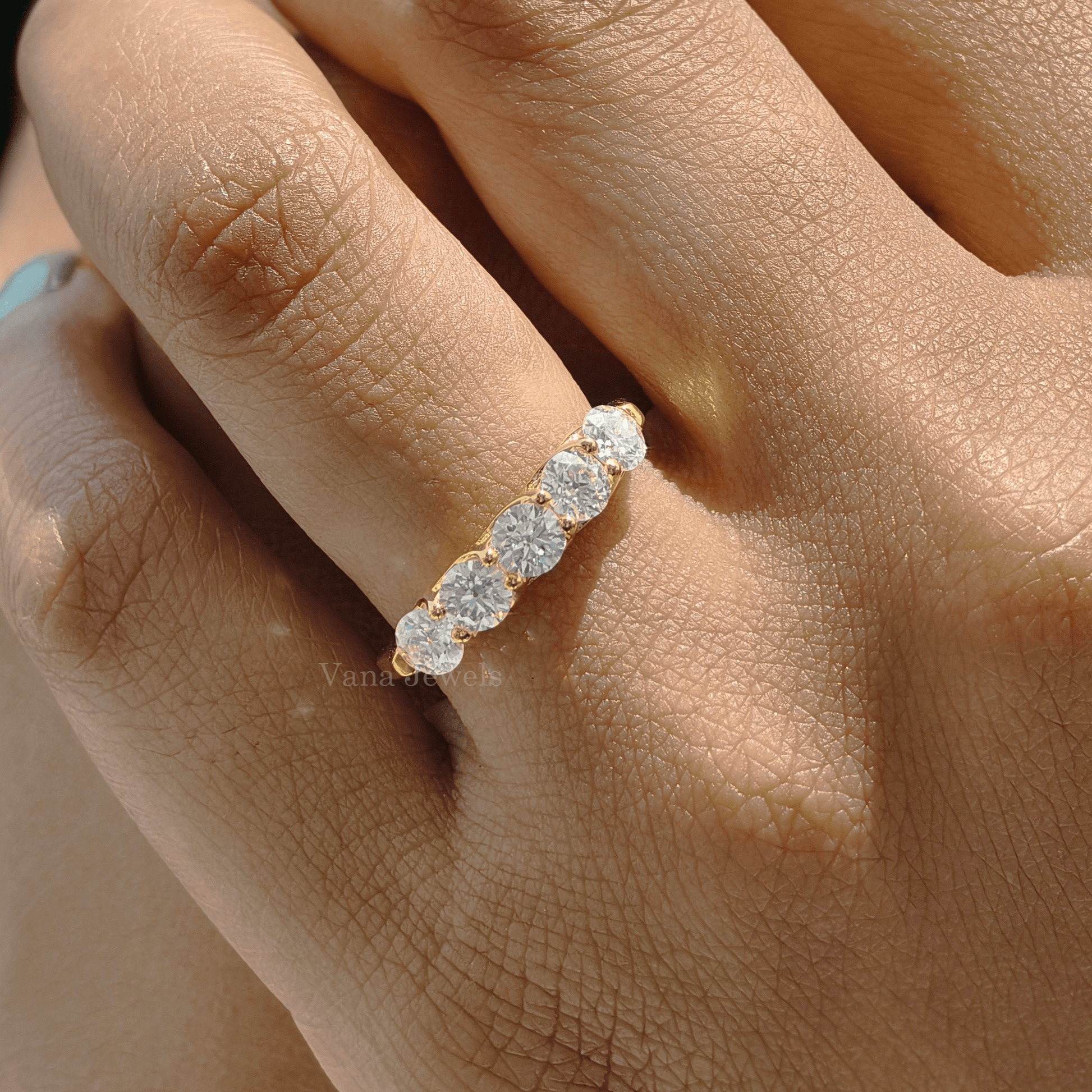 Five Stone Old European Cut Moissanite Wedding Band, Trellis Set Ring. - Vana Jewels