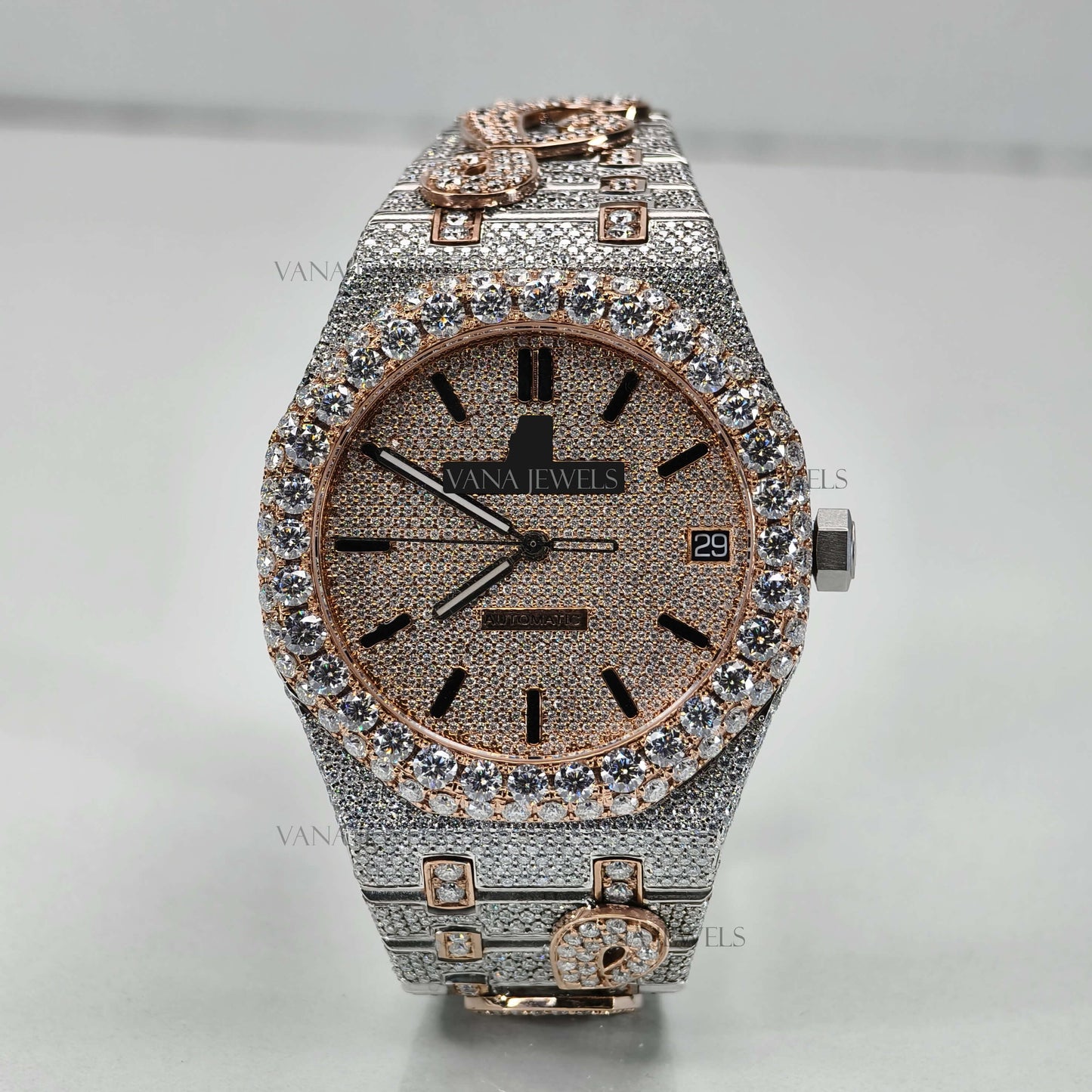 Custom Moissanite Watch, Luxury Two-Tone Moissanite Watch, Fully Iced Out Watch