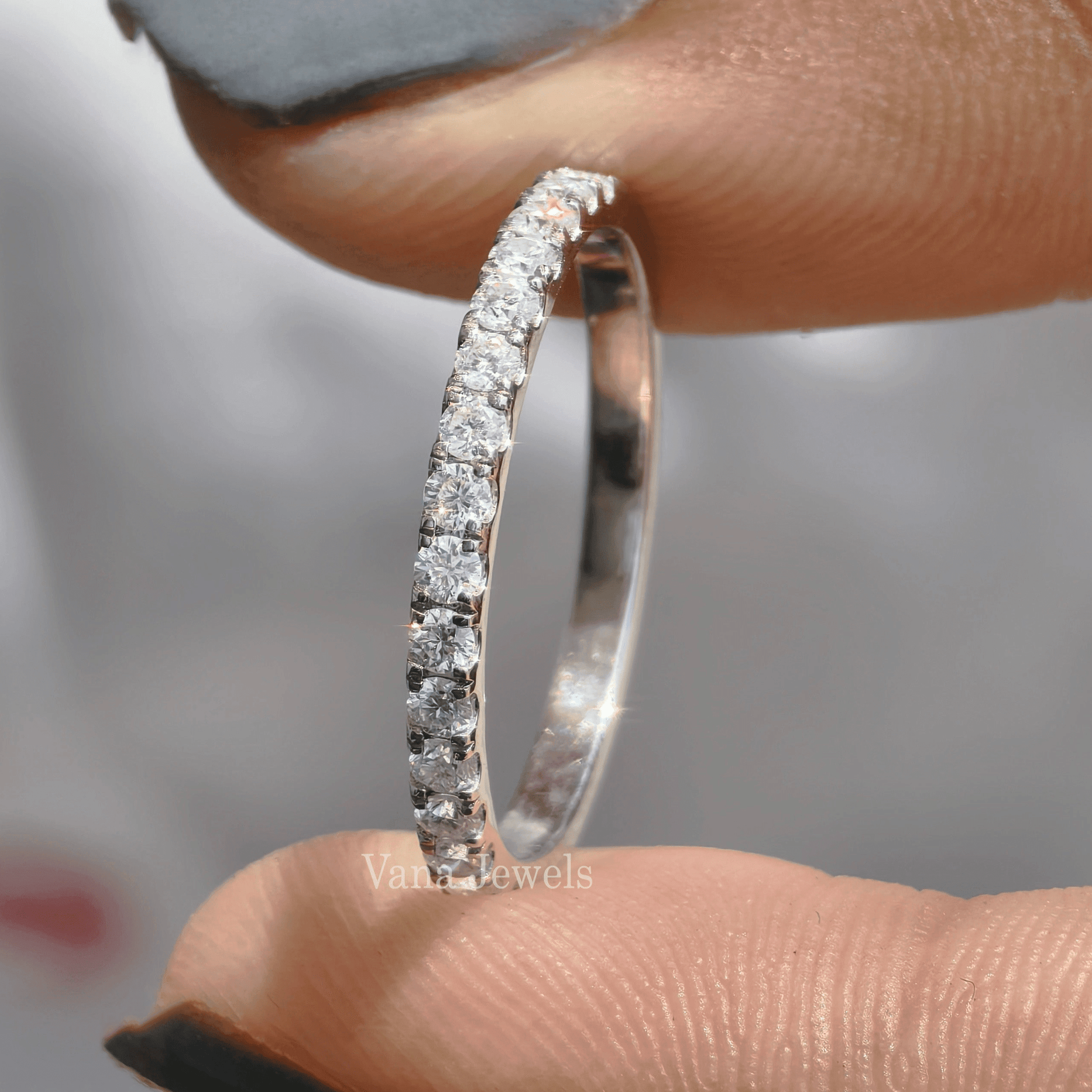 1.70 MM Round Cut Moissanite Half Eternity Wedding Band, Stackable Minimalist Promise Ring - Vana Jewels