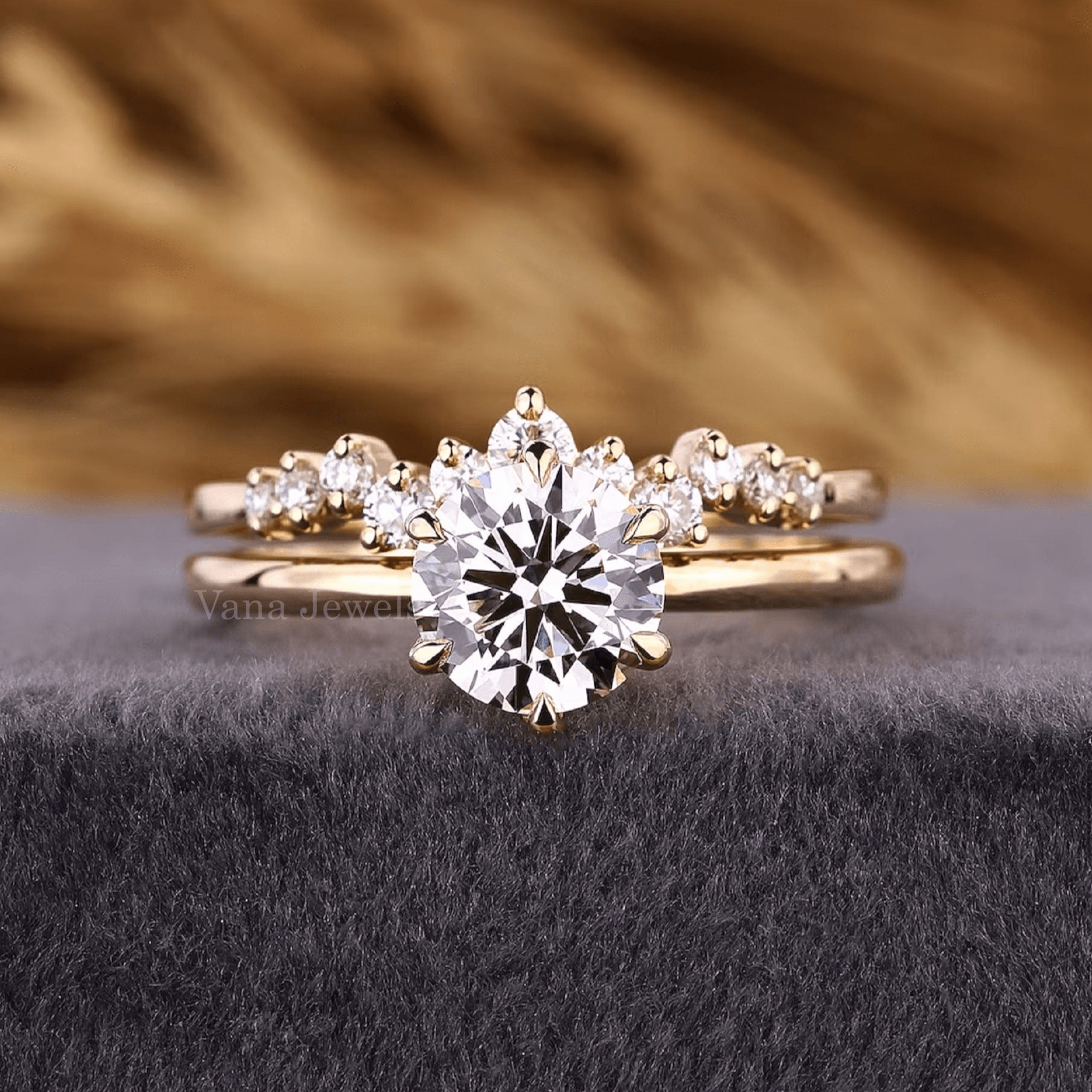 Round Diamond Ring with Matching Curved Wedding Band - Vana Jewels