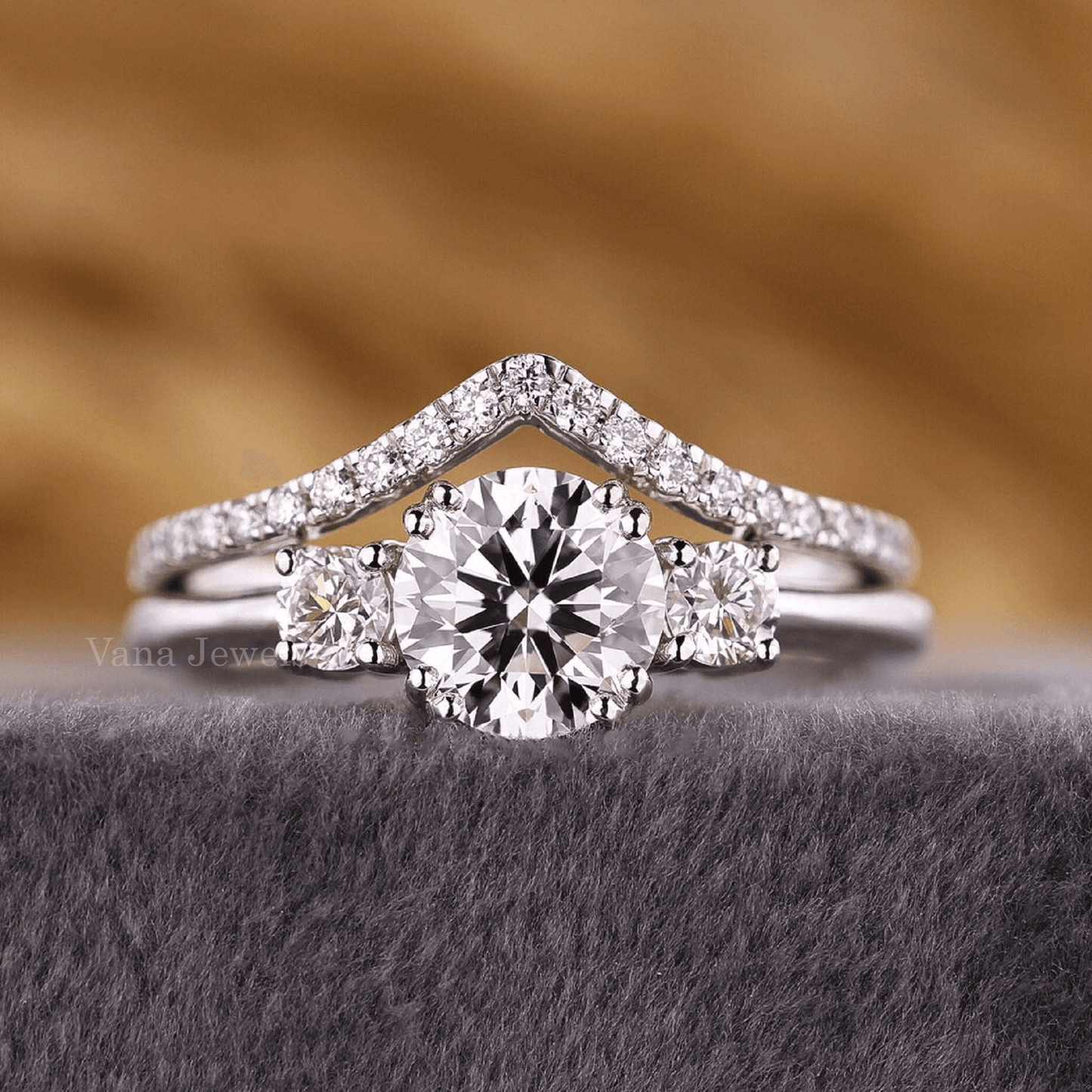 Round Trilogy Diamond Engagement Ring Set - Vana Jewels