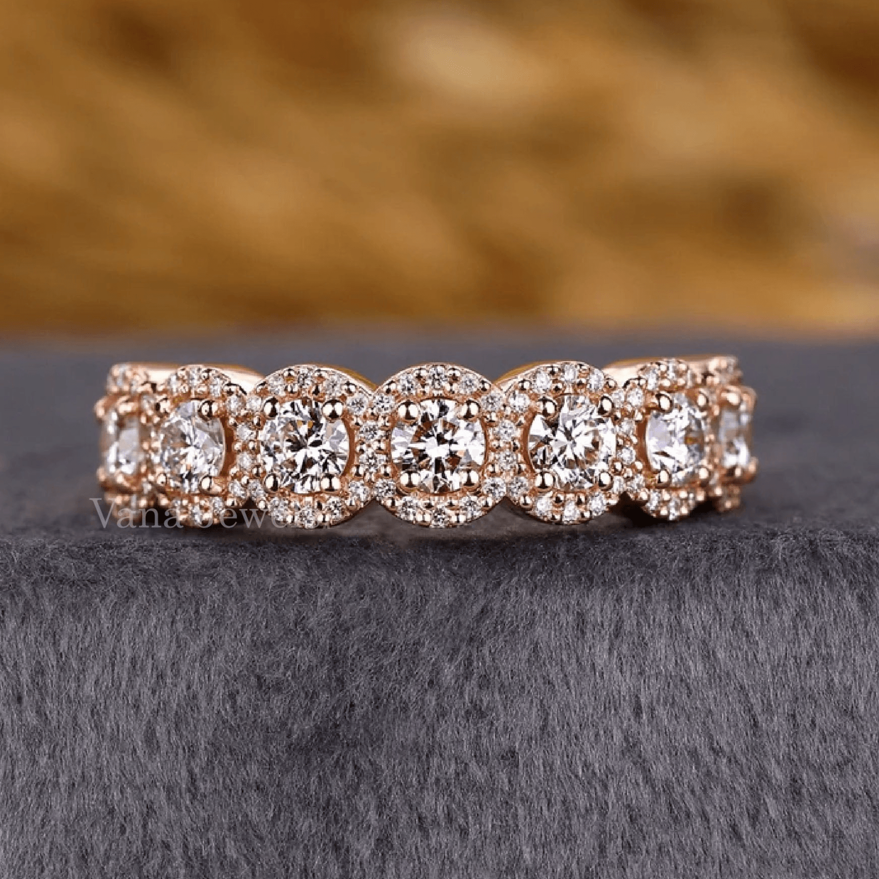 Round Cut Lab Grown Diamond Wedding Band, Round Cut Halo Eternity Band - Vana Jewels