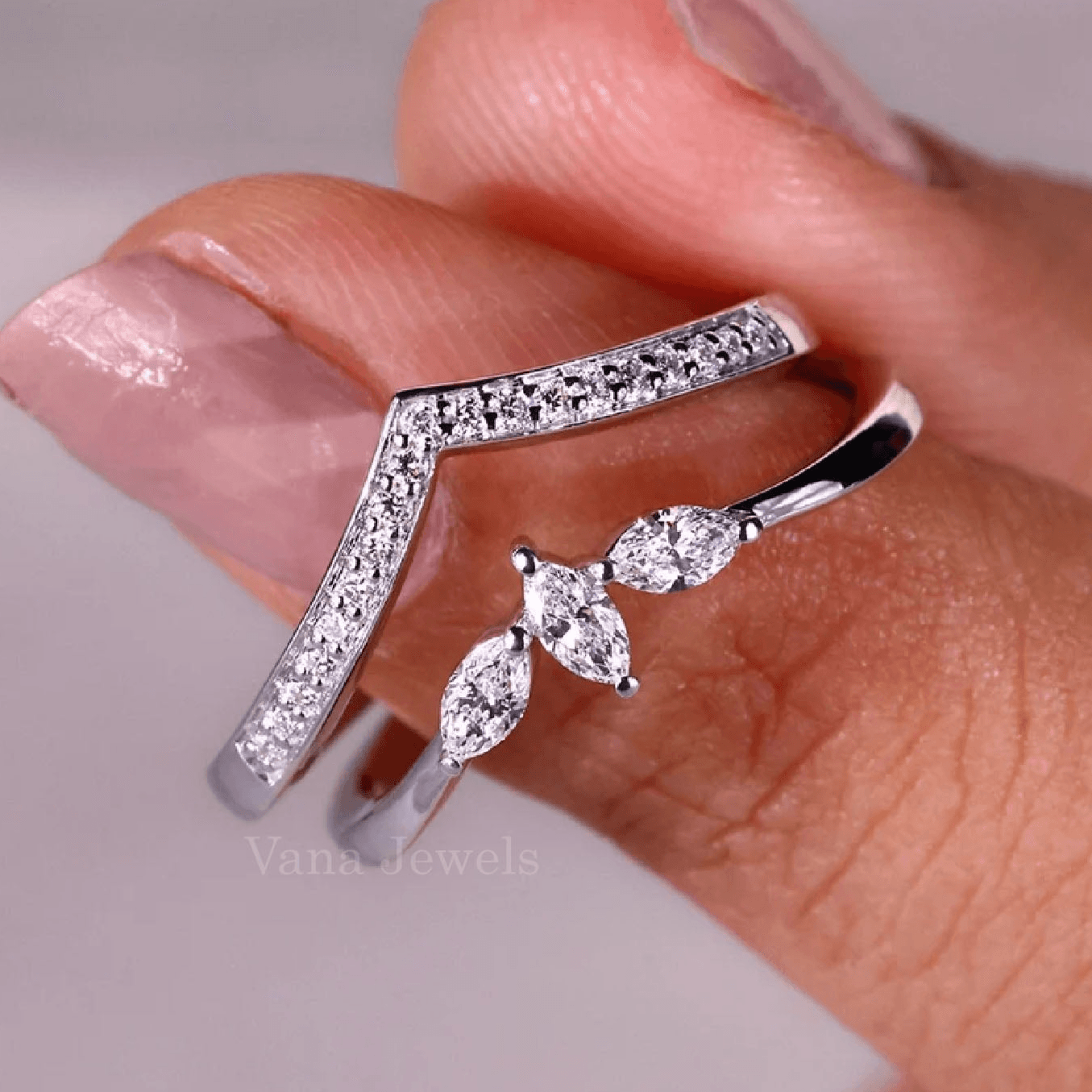 Marquise Lab Created Diamond V-Shape Half Eternity Wedding Band - Vana Jewels