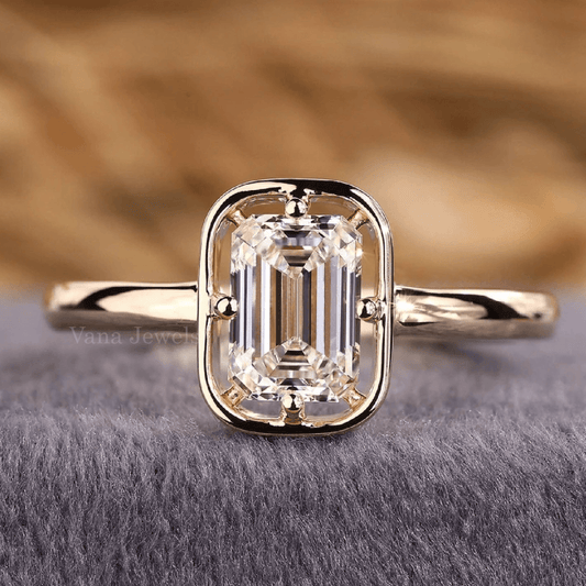 Antique Emerald Cut Lab Grown Diamond Engagement Ring - Vana Jewels