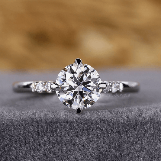 Round Cut Lab Grown Diamond Engagement Ring, Pave Set Ring - Vana Jewels