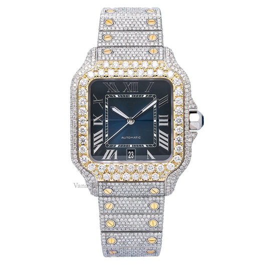 Blue Dial Two Tone Yellow Gold VVS Moissanite Diamond Watch - Vana Jewels