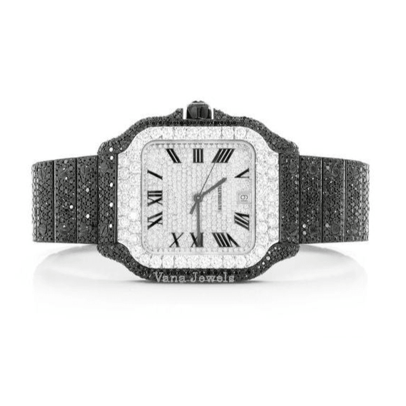 Luxury Iced Out White & Black Round Cut Moissanite Diamond Watch - Vana Jewels