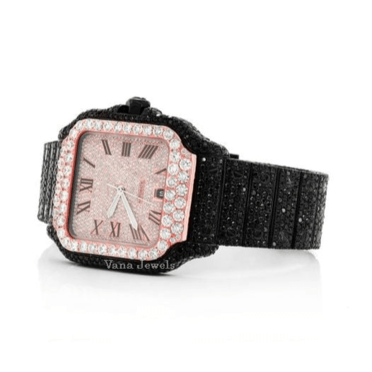 Two-Tone Rose Gold Black & White Moissanite Diamond Watch - Vana Jewels